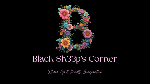 Black Sh33p’s Corner logo with a floral letter B on a black background.