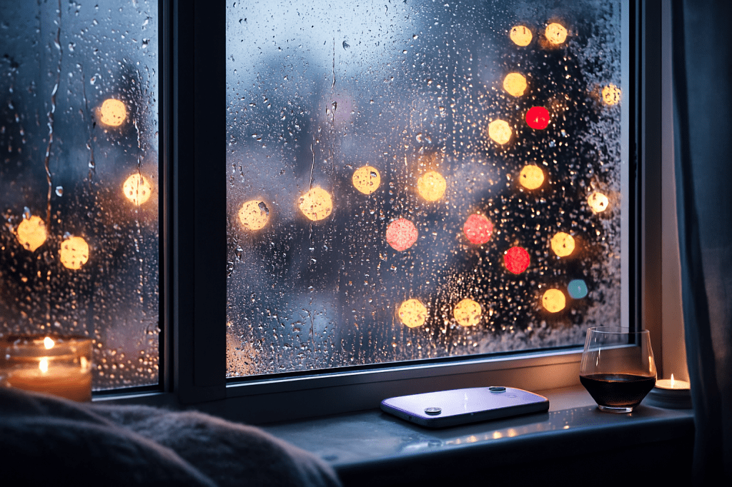 Rainy window with blurred holiday lights glowing outside, with a lavender phone and a glass of wine on the windowsill.