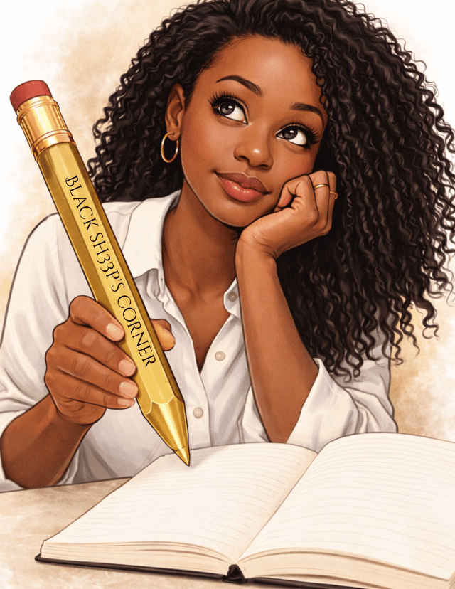 illustration of a thoughtful Black woman holding an oversized gold pencil labeled Black Sh33p’s Corner while journaling