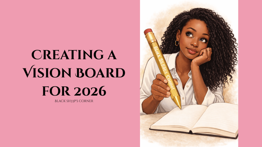 illustration of a thoughtful Black woman holding an oversized gold pencil labeled Black Sh33p’s Corner while journaling