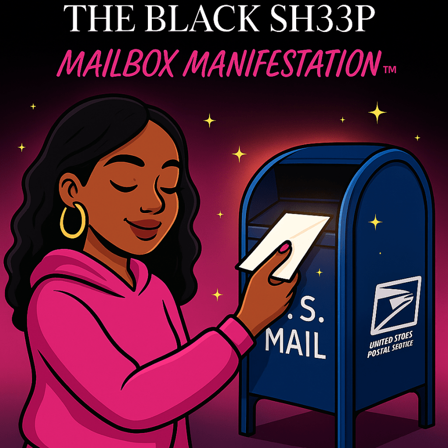 Digital illustration of a Black woman with brown skin dropping a letter into a glowing blue USPS mailbox. She has long wavy hair, gold hoop earrings, and pink nails, and she’s wearing a pink hoodie. The background is soft and starry with warm lighting, and the text reads: ‘THE BLACK SH33P MAILBOX MANIFESTATION™