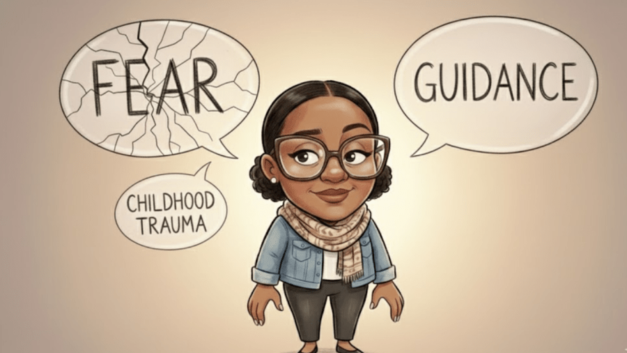 a Black woman standing between two speech bubbles. One cracked and labeled ‘fear,’ the other clear and labeled ‘guidance.’ She has soft pink nails and a calm, reflective expression.