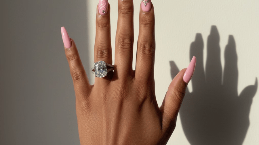 Shadow of a woman's hand with a wedding ring and powder pink nails against a wall, capturing awareness and subtle energy sensations.