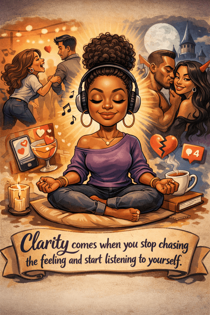 illustration of a calm Black woman meditating while surrounded by symbols of attraction and distraction, representing clarity through self-awareness and emotional grounding.