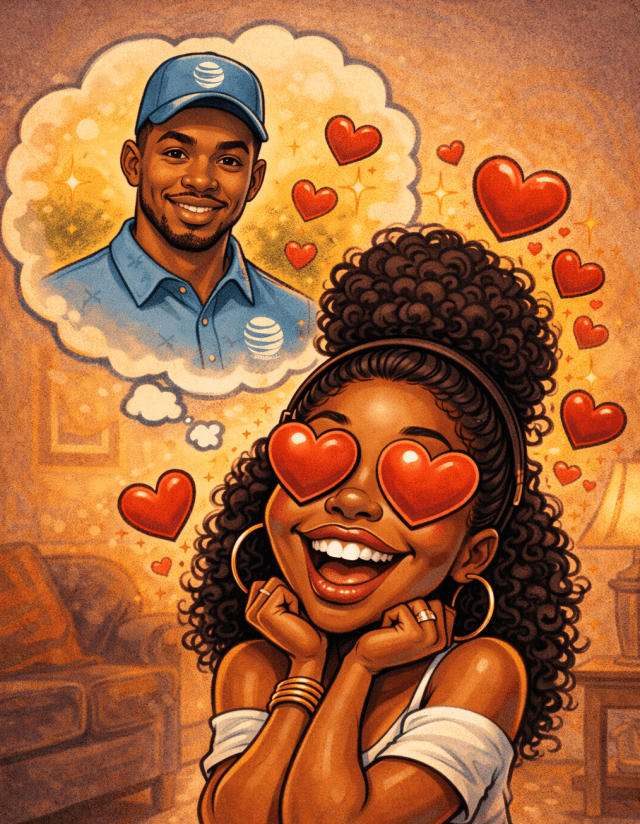 illustration of a Black woman with heart-shaped eyes daydreaming about a handsome Black telecom technician, surrounded by floating hearts, symbolizing attraction and emotional distraction before clarity.