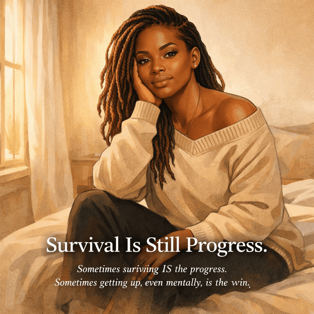 Illustrated portrait of a Black woman with long locs sitting calmly in soft morning light, resting her head on her hand, with the text “Survival Is Still Progress. Sometimes surviving is the progress. Sometimes getting up, even mentally, is the win.”