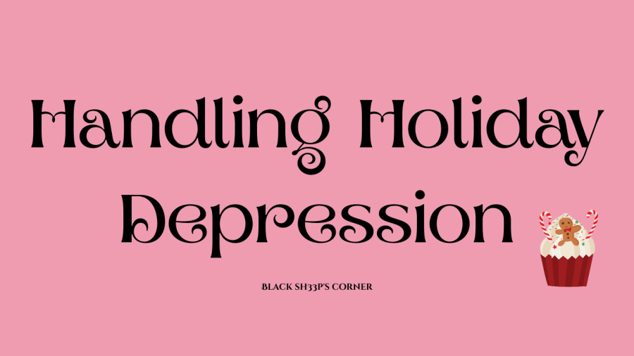 Pink graphic with the words Handling Holiday Depression in bold decorative black font, with a small cupcake graphic on the side.